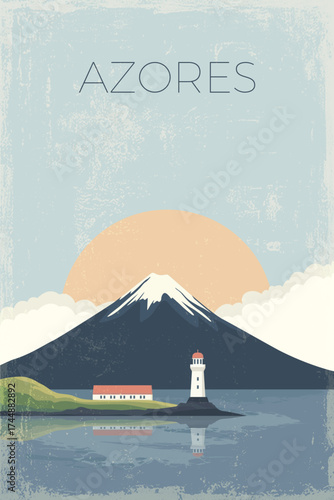 Azores, Portugal retro poster with shapes of mount, island with lighthouse and building. Portuguese vintage travel vector illustration, postcard, brochure, sketch