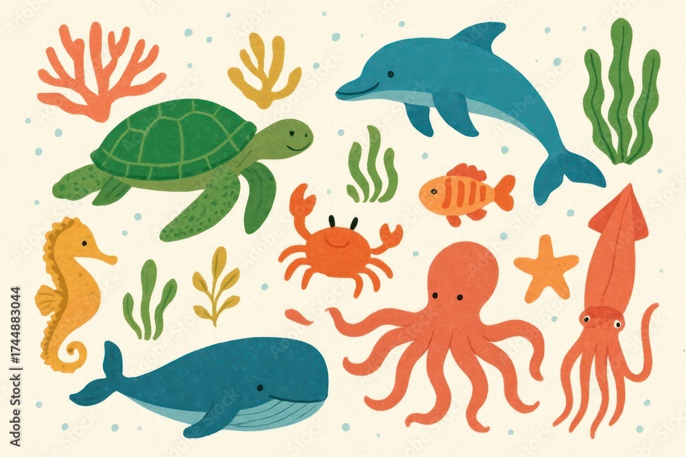 Fototapeta premium Playful Handdrawn Sea Creature Ocean Wildlife Life Illustration Set