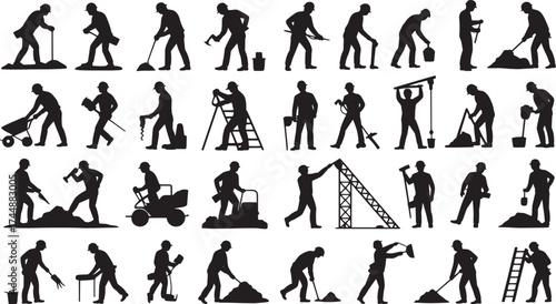Extensive Construction Worker Silhouettes Set: Builder, Laborer, and Foreman Poses with Tools and Equipment Icons

