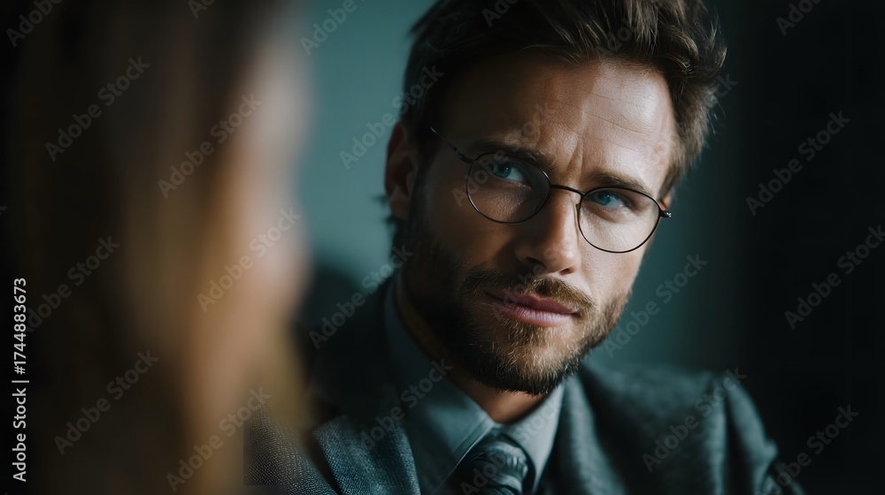 Obraz premium A professional man wearing glasses looks intently during a business meeting or interview