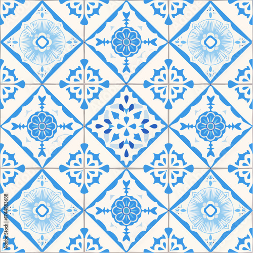 A seamless Greek Santorini blue tile pattern with white geometric shapes. Perfect for coastal décor, packaging, and travel-inspired branding.