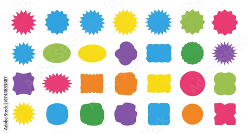 Set of colorful round and oval, rectangular and square, arch shapes with curvy edges. Cute geometric forms with scalloped borders. Empty textboxes, stickers, tags or labels. Vector flat illustration.