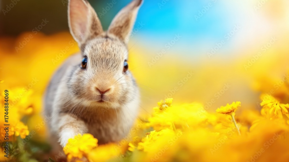Fototapeta premium Rabbit exploring a field of bright yellow flowers on a sunny day