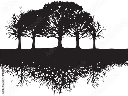 Artistic Rendering of a Coastal Biome with Trees and Root Networks