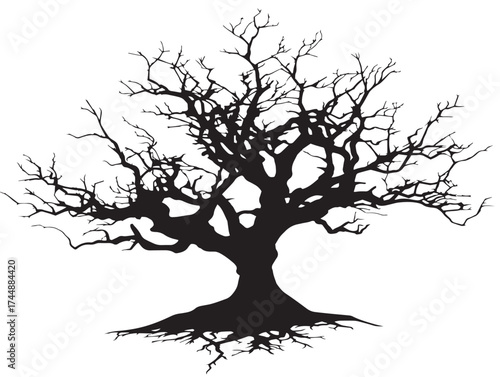 Gothic Style Illustration of a Creepy Dead Tree with Massive Roots
