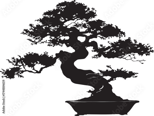 Zen Inspired Curved Bonsai Tree Silhouette for Calming Design Projects