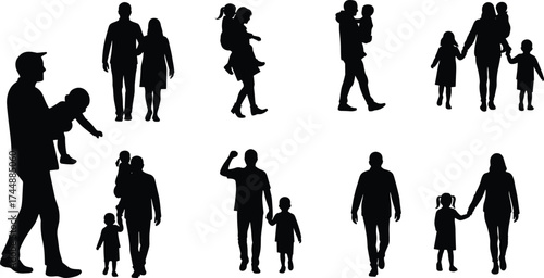 Family silhouettes standing together, parents and children interaction, bonding moments, cad drawing flat vector illustration, parenting and relationship concept
