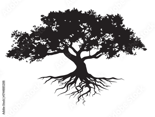 Flowing and Artistic Tree with Curvy Roots Silhouette in Solid Black