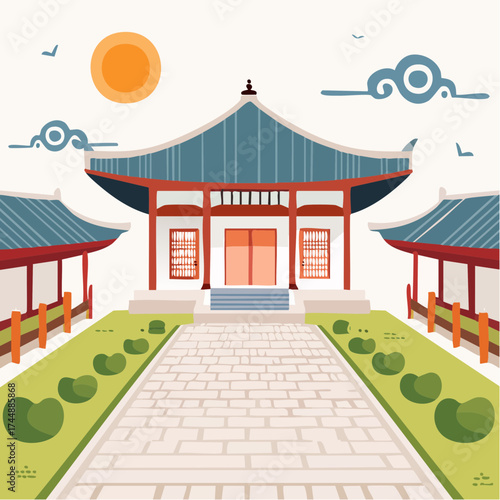 Traditional Korean house courtyard features stone pathways and tiled roofs