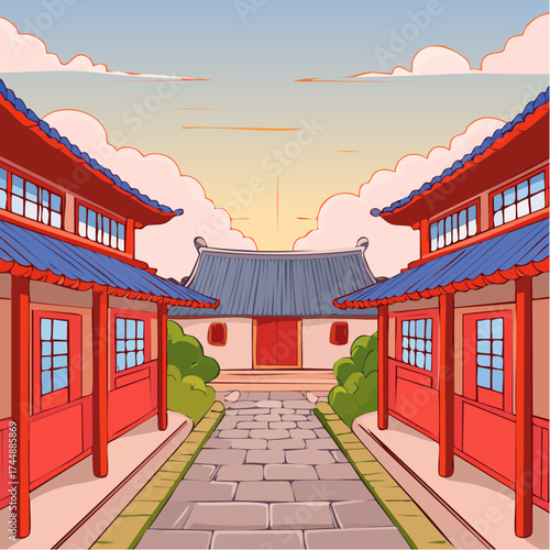 Traditional Korean house courtyard features stone pathways and tiled roofs