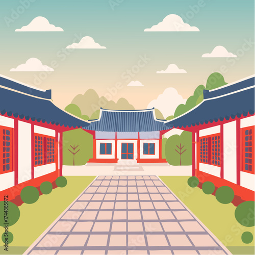 Traditional Korean house courtyard features stone pathways and tiled roofs