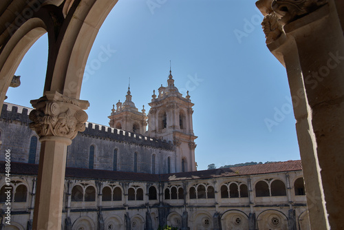 Architectural view of the Alcobaca Monastery from the upper gallery with Gothic arches and natural light