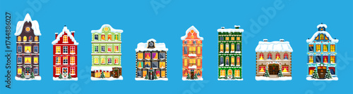 Collection of several colorful European Christmas building covered with snow and decorated with Christmas wreath and light garland