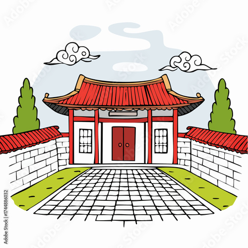 Traditional Korean house courtyard features stone pathways and tiled roofs