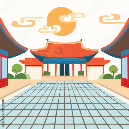 Traditional Korean house courtyard features stone pathways and tiled roofs