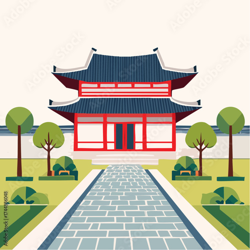 Traditional Korean house courtyard features stone pathways and tiled roofs