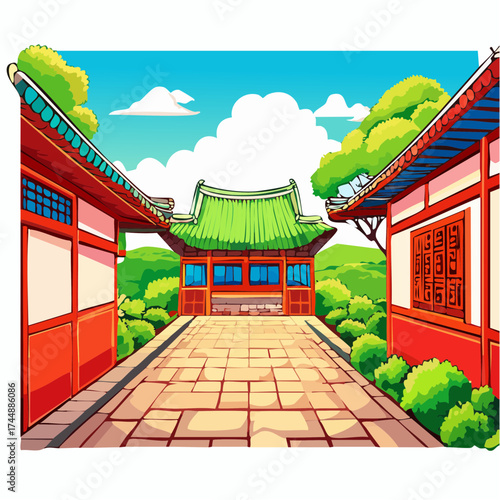 Traditional Korean house courtyard features stone pathways and tiled roofs