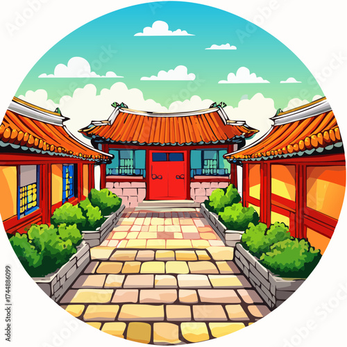 Traditional Korean house courtyard features stone pathways and tiled roofs