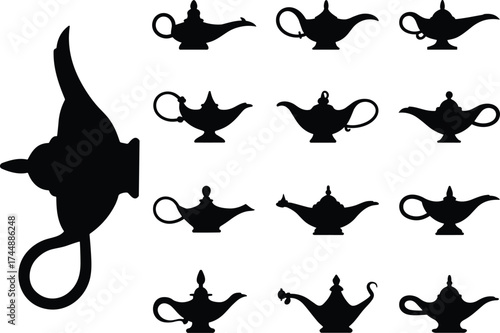 Genie lamp silhouette vector set, ornate oil lamp icons, magical antique shapes, cad drawing flat vector illustration, mystical design