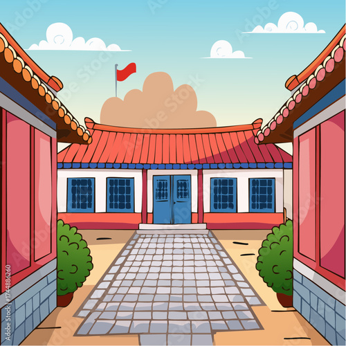 Traditional Korean house courtyard features stone pathways and tiled roofs