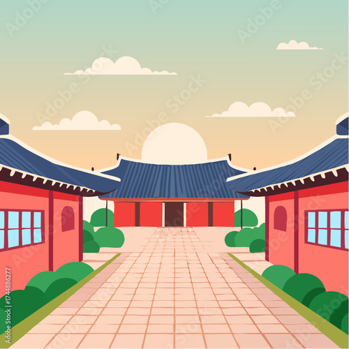 Traditional Korean house courtyard features stone pathways and tiled roofs