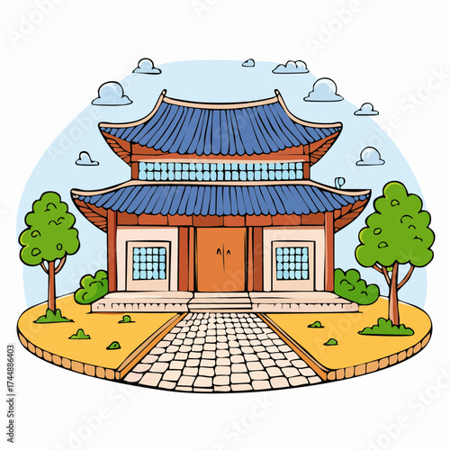 Traditional Korean house courtyard features stone pathways and tiled roofs