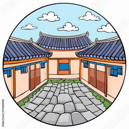 Traditional Korean house courtyard features stone pathways and tiled roofs