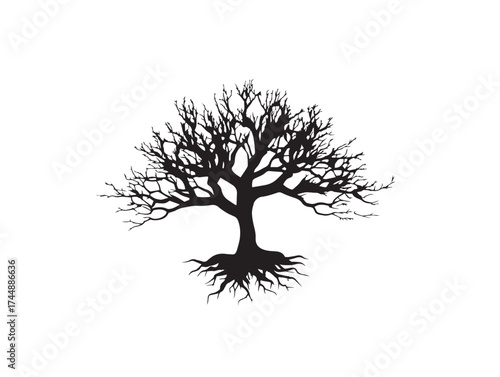 Mysterious Black and White Art of a Dark Tree with Prominent Roots