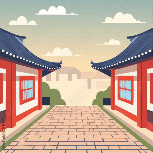 Traditional Korean house courtyard features stone pathways and tiled roofs