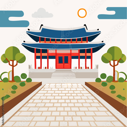 Traditional Korean house courtyard features stone pathways and tiled roofs