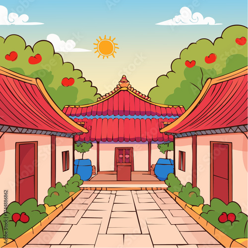 Traditional Korean house courtyard features stone pathways and tiled roofs