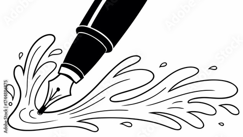 A drawing of a fountain pen with black ink flowing from the nib in a stylized splash design on white paper