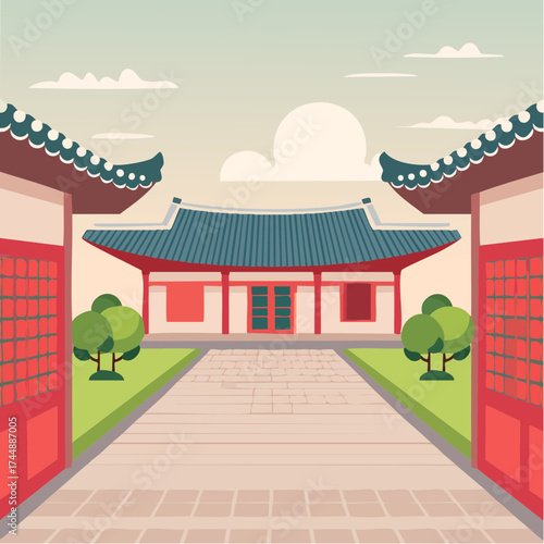 Traditional Korean house courtyard features stone pathways and tiled roofs