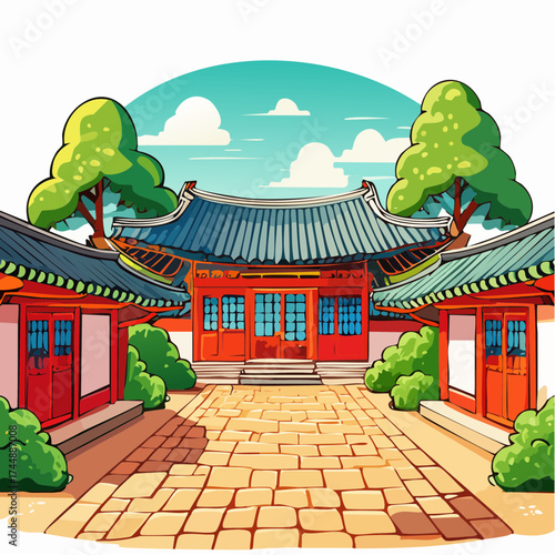 Traditional Korean house courtyard features stone pathways and tiled roofs