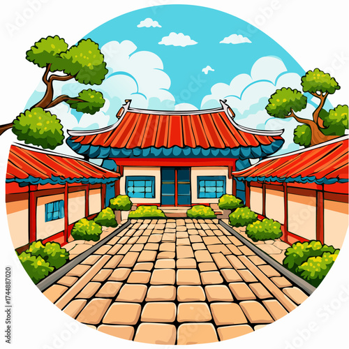 Traditional Korean house courtyard features stone pathways and tiled roofs
