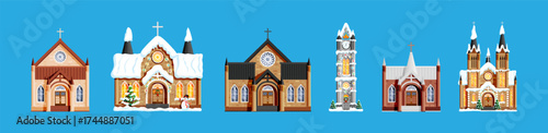 Set of diverse christmas church building facade in winter. Christian church or cathedral building decorated with snow. Christmas holiday and winter season concept.