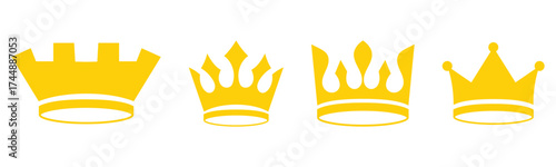 Glowing golden isolated king and queen vector crown icon set on white background. Set of vector crown icons. Royal luxury vintage crown icons.  Classic modern isolated crown icons set. EPS 10. 