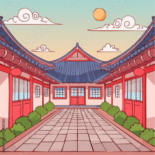 Traditional Korean house courtyard features stone pathways and tiled roofs