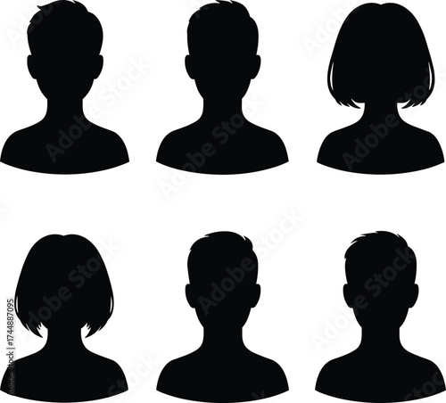 Human bust silhouette icons, diverse head shapes, hairstyle variations, profile avatar set, cad drawing flat vector illustration, UI design elements