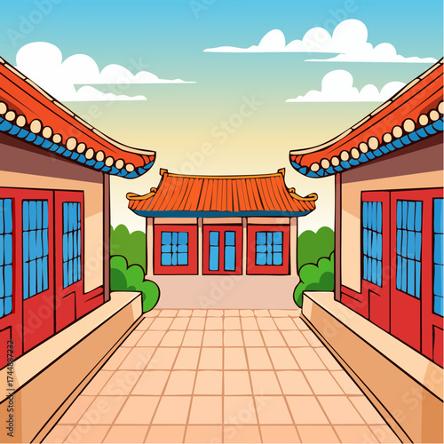 Traditional Korean house courtyard features stone pathways and tiled roofs