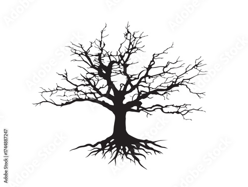 Stark and Minimalist Vector Art of a Dead Tree with Visible Roots