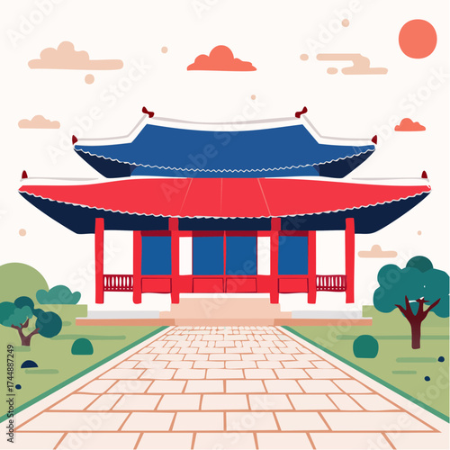 Traditional Korean house courtyard features stone pathways and tiled roofs