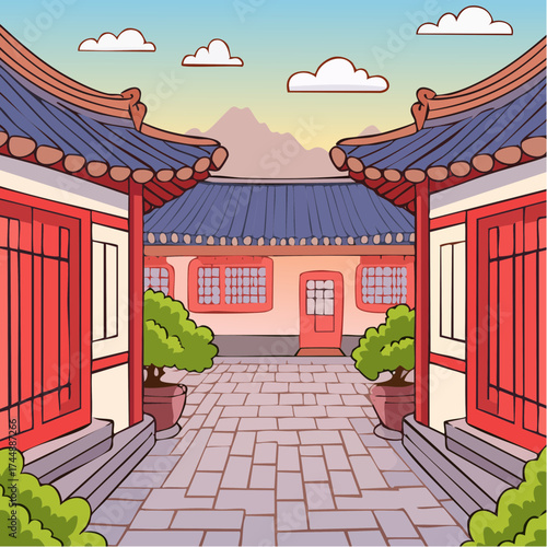 Traditional Korean house courtyard features stone pathways and tiled roofs