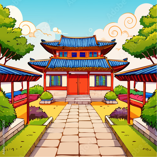 Traditional Korean house courtyard features stone pathways and tiled roofs