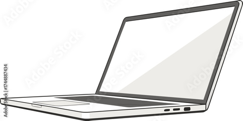 A laptop computer with a white screen is angled to the right and is sitting on a white surface area