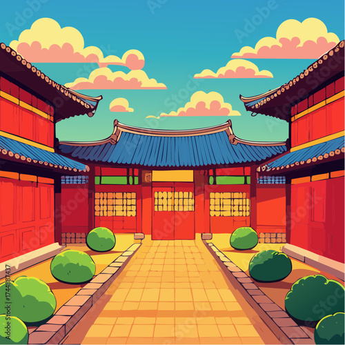Traditional Korean house courtyard features stone pathways and tiled roofs