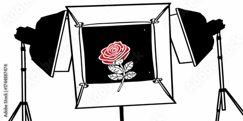 A rose in a photography studio setup with two softboxes on tripods and a black backdrop for the shot