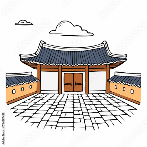 Traditional Korean house courtyard features stone pathways and tiled roofs