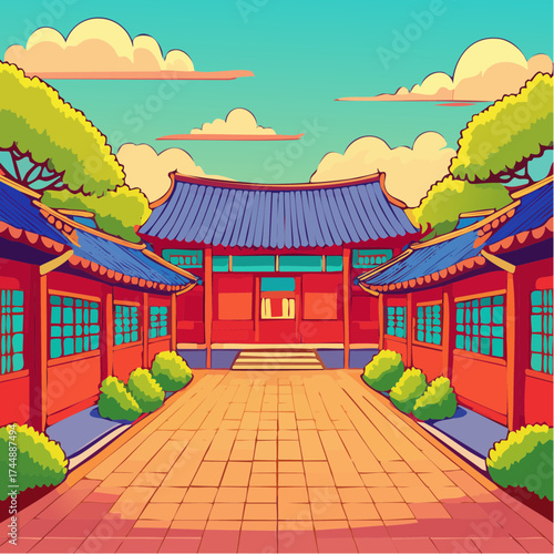 Traditional Korean house courtyard features stone pathways and tiled roofs