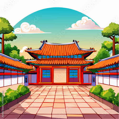 Traditional Korean house courtyard features stone pathways and tiled roofs
